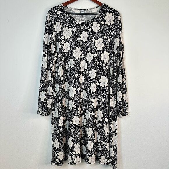 Old Navy Womens Black Floral Longsleeve Knit Swing Dress XL Modern Boho Chic - Picture 1 of 10